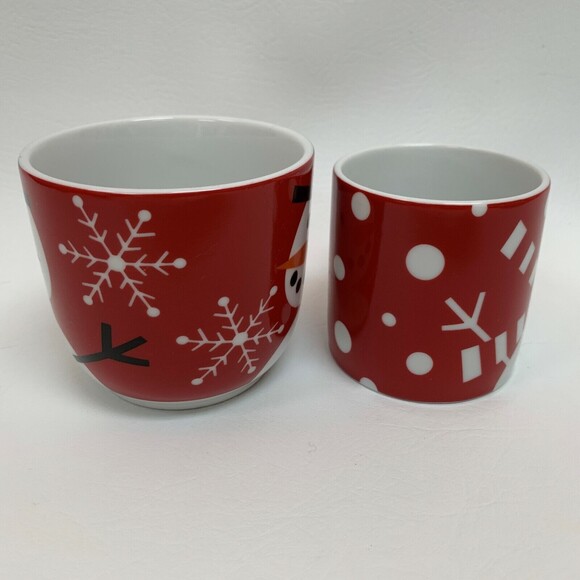 Crate & Barrel Cups Red White Snow Snowman Porcelain Made in Bangladesh Lot of 2 - Picture 3 of 8